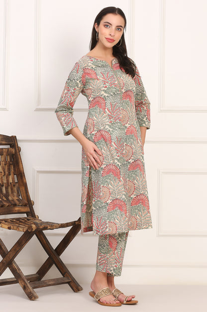 Off-White Floral Handblock Printed Pure Cotton Straight Kurta, Pants and Dupatta Set
