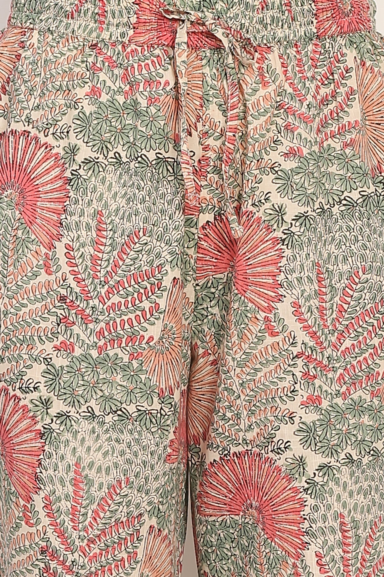 Off-White Floral Handblock Printed Pure Cotton Straight Kurta, Pants and Dupatta Set