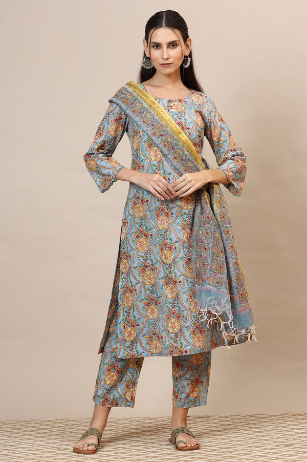 Blue Handblock Printed Kurta, Straight Pants and Dupatta Set