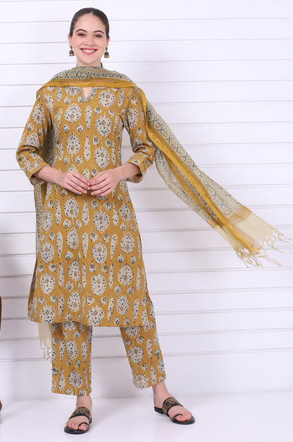 Yellow Kalamkari Printed Mirror Work Straight Pure Cotton Kurta, Pants and Dupatta Set