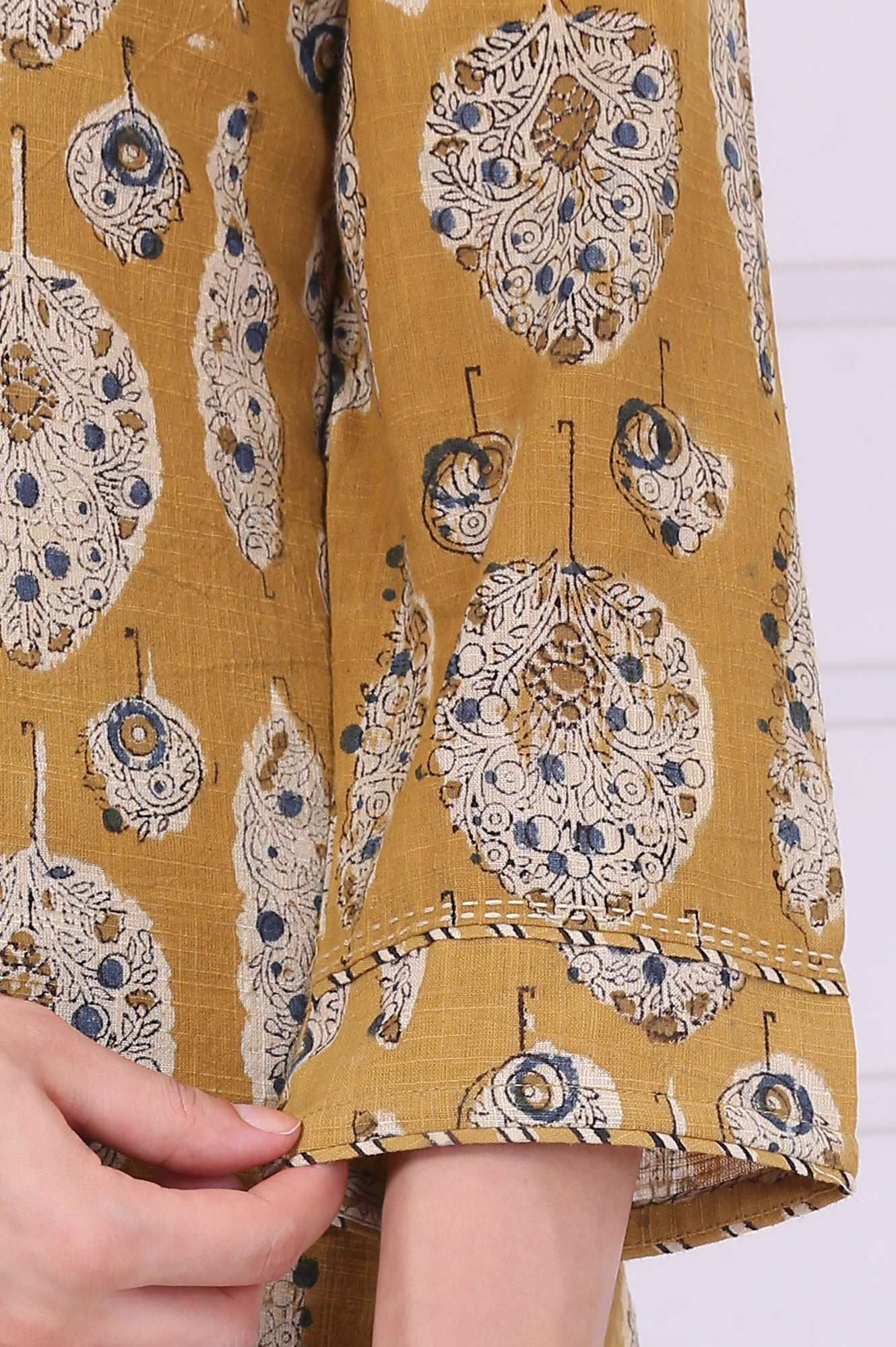 Yellow Kalamkari Printed Mirror Work Straight Pure Cotton Kurta, Pants and Dupatta Set