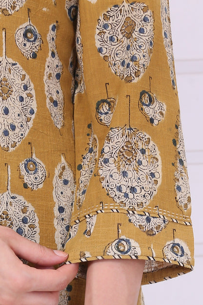 Yellow Kalamkari Printed Mirror Work Straight Pure Cotton Kurta, Pants and Dupatta Set