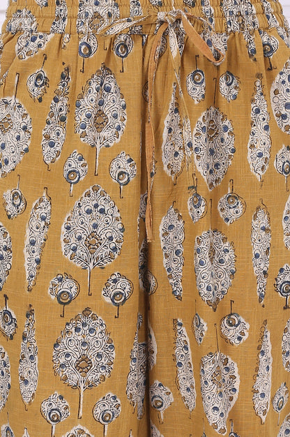 Yellow Kalamkari Printed Mirror Work Straight Pure Cotton Kurta, Pants and Dupatta Set