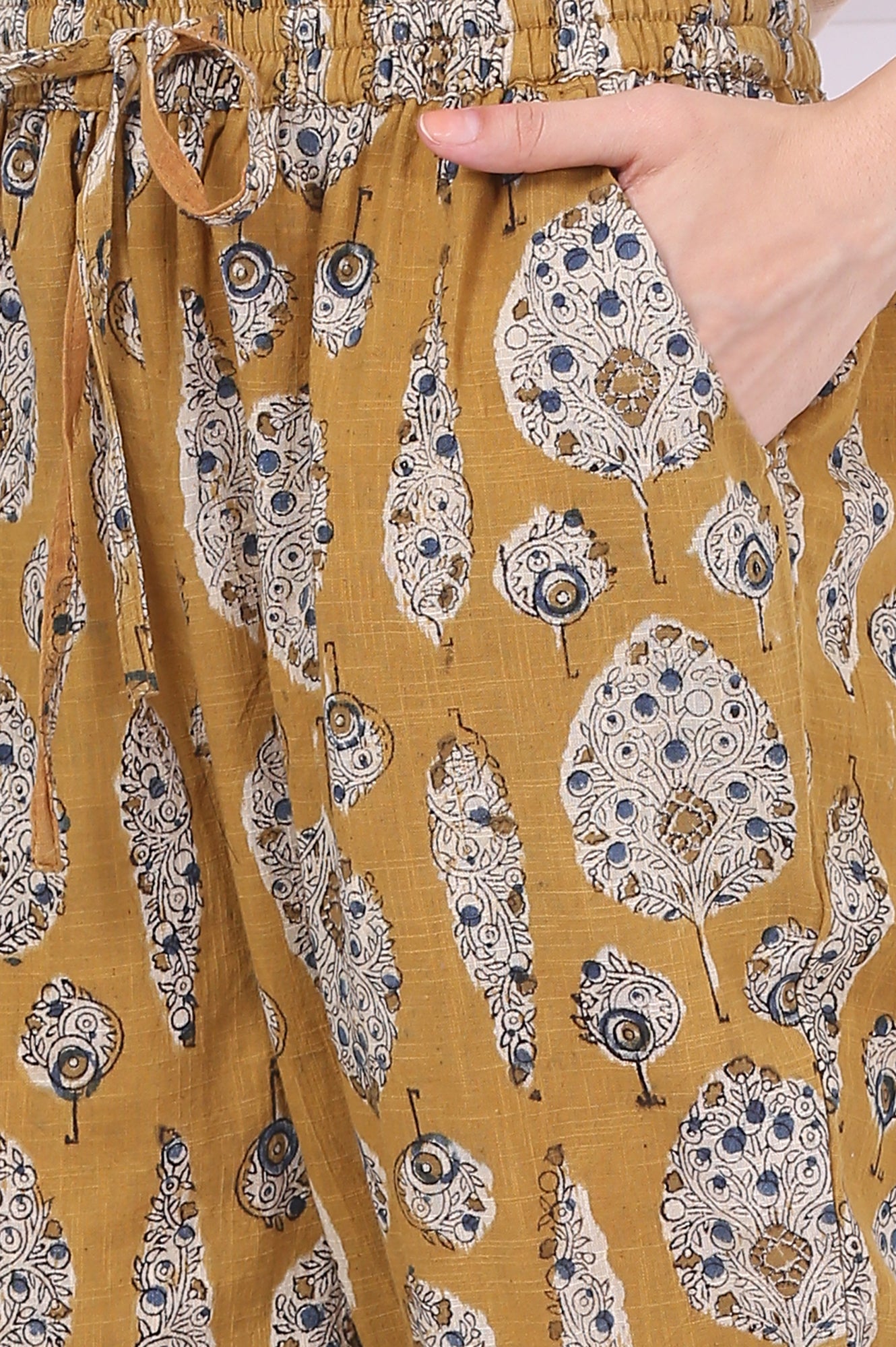 Yellow Kalamkari Printed Mirror Work Straight Pure Cotton Kurta, Pants and Dupatta Set