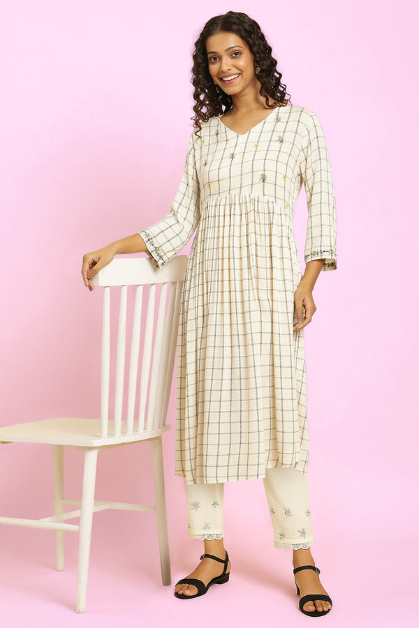 White Thread Embroidered Rayon Flared Kurta and Slim Pant Set