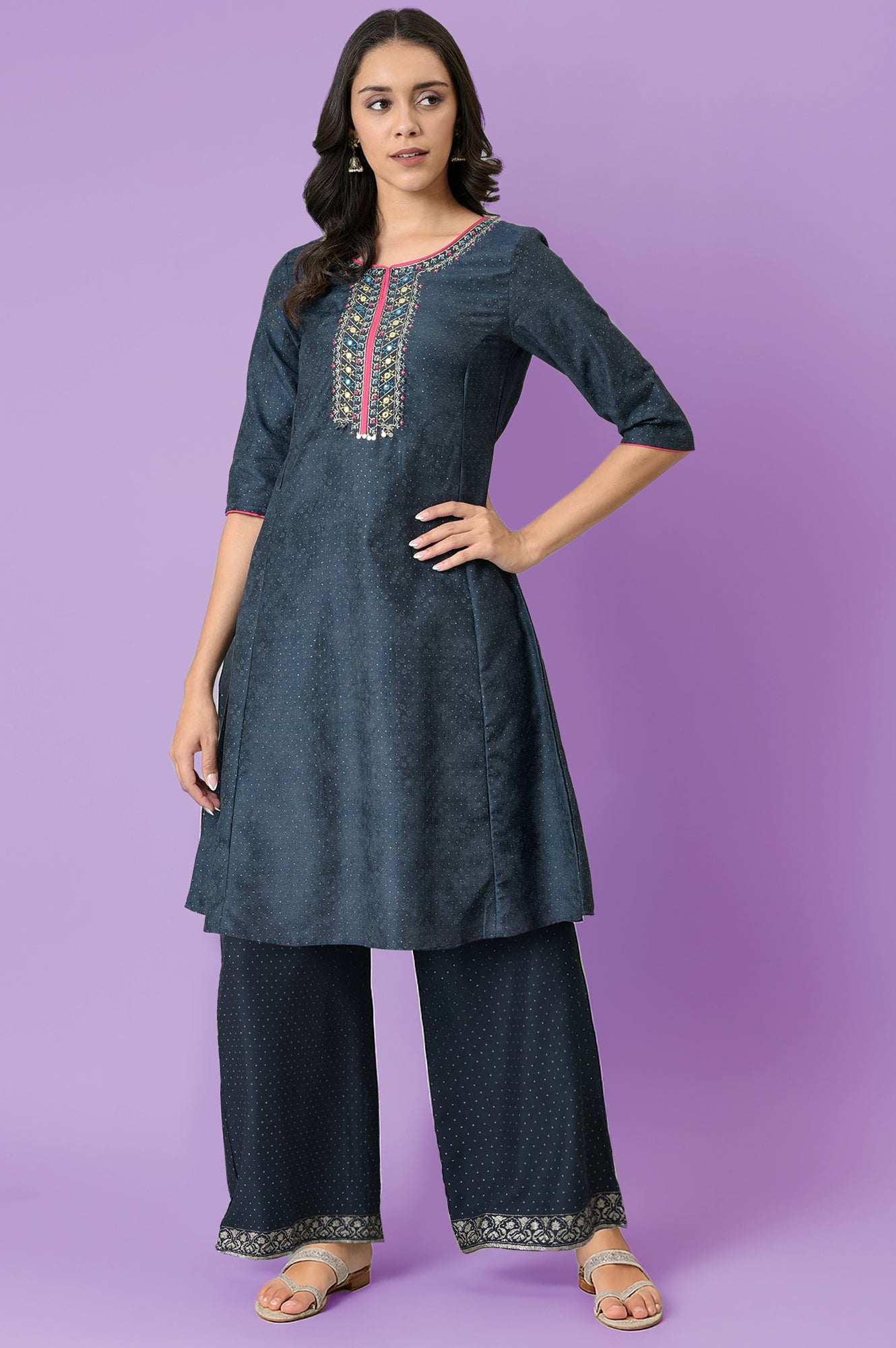 Dark Blue Polka Dots Printed Shantung A-Line Kurta with Parallel
