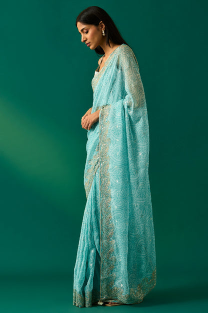Light Blue Floral Printed Embroidered Zari Work Net Saree with Unstitched Blouse