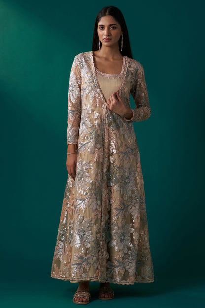 Beige Sequin Embroidered Long Jacket, Anarkali Dress and Churidar Set