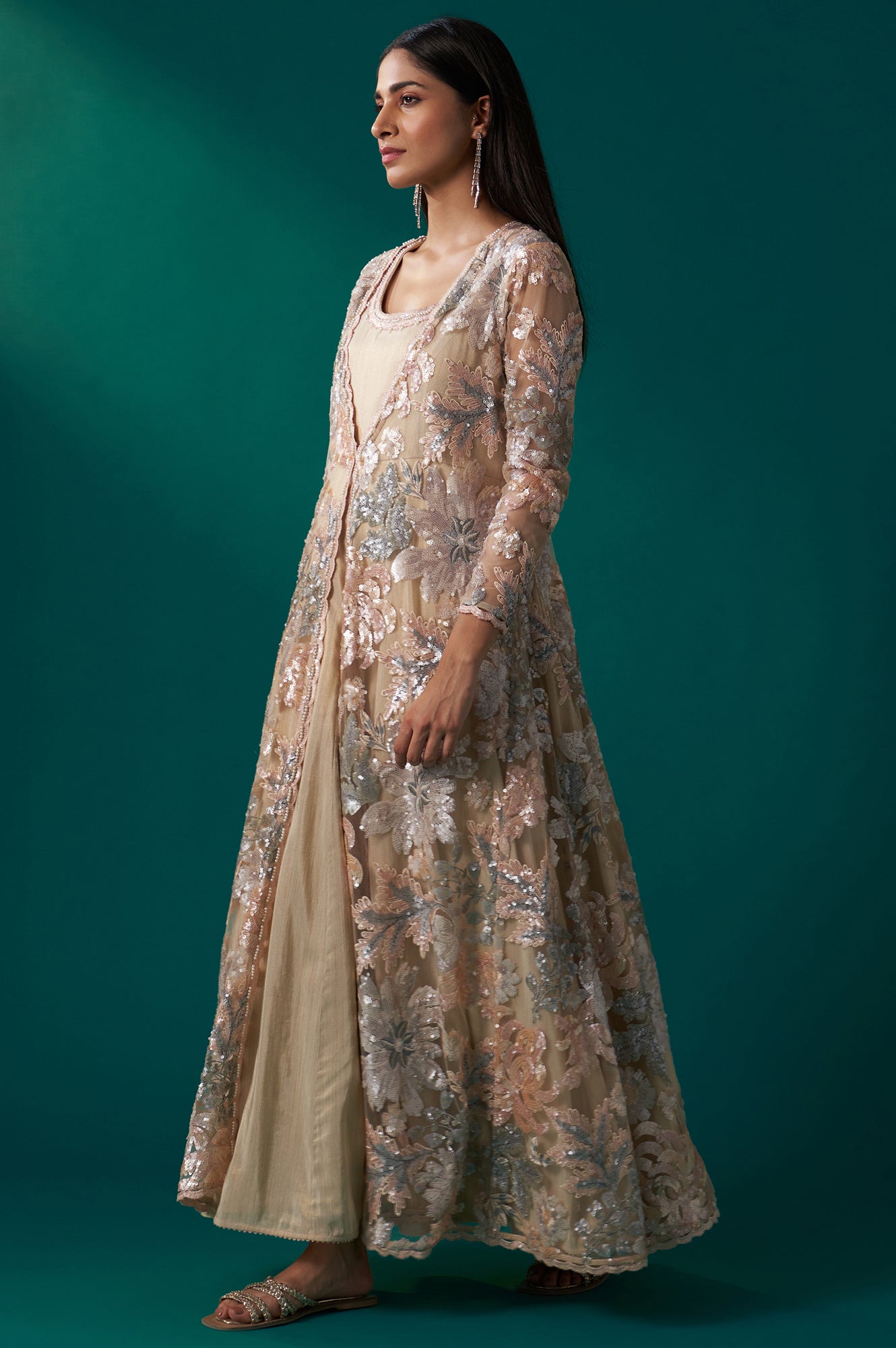 Beige Sequin Embroidered Long Jacket, Anarkali Dress and Churidar Set