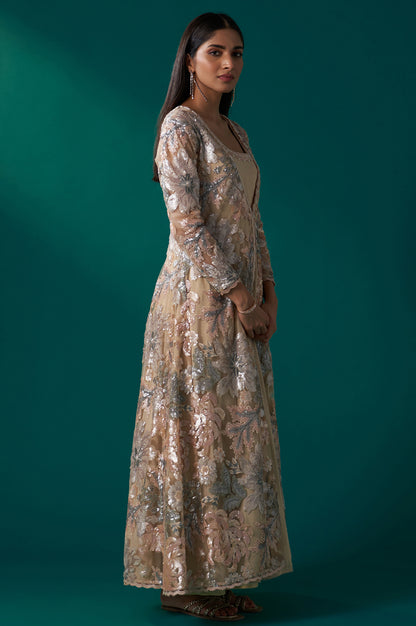 Beige Sequin Embroidered Long Jacket, Anarkali Dress and Churidar Set