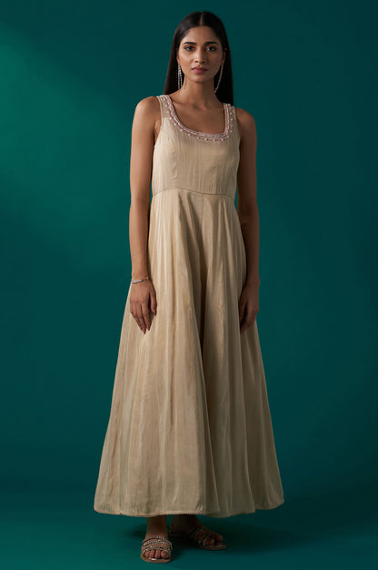 Beige Sequin Embroidered Long Jacket, Anarkali Dress and Churidar Set