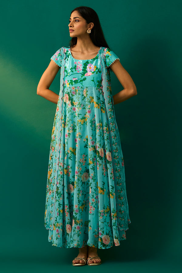 Blue Embroidered Gillet & Dress Set