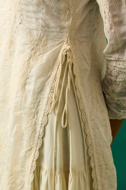 White Embroidered Mock Layer Tiered Dress and Dupatta Set