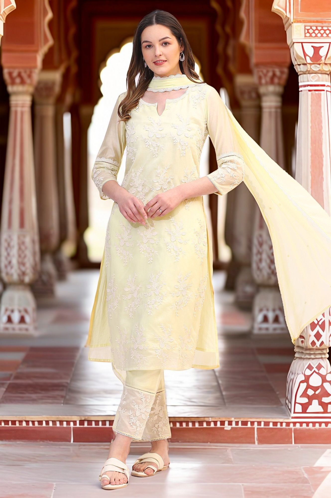Lime Yellow Thread Embroidered Straight Kurta, Pants and Dupatta Set
