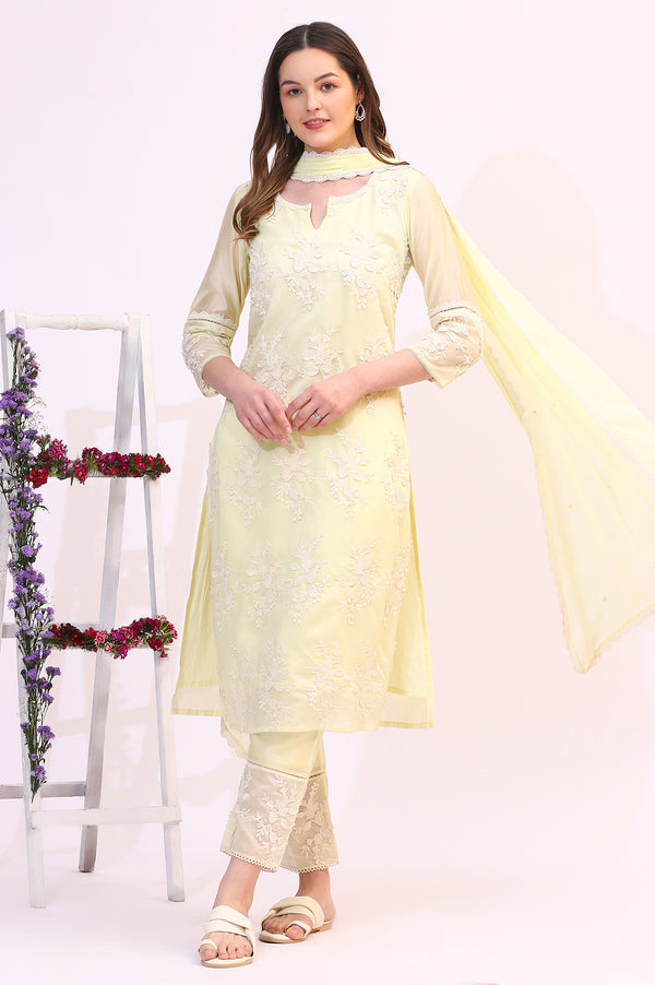Lime Yellow Thread Embroidered Straight Kurta, Pants and Dupatta Set