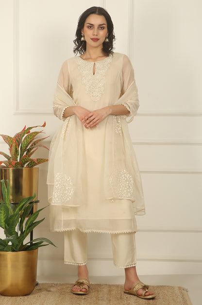 White Embroidered Organza Flared Kurta, Pants and Dupatta Set