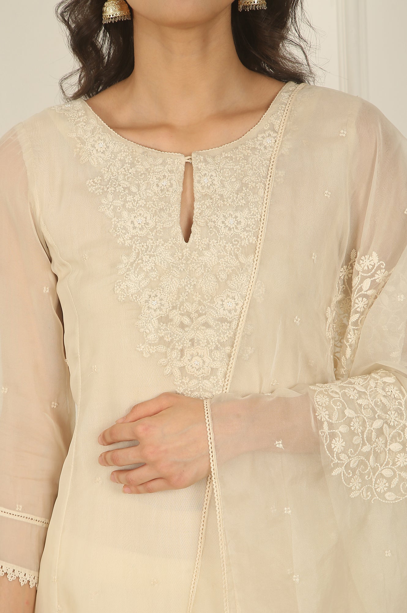 White Embroidered Organza Flared Kurta, Pants and Dupatta Set