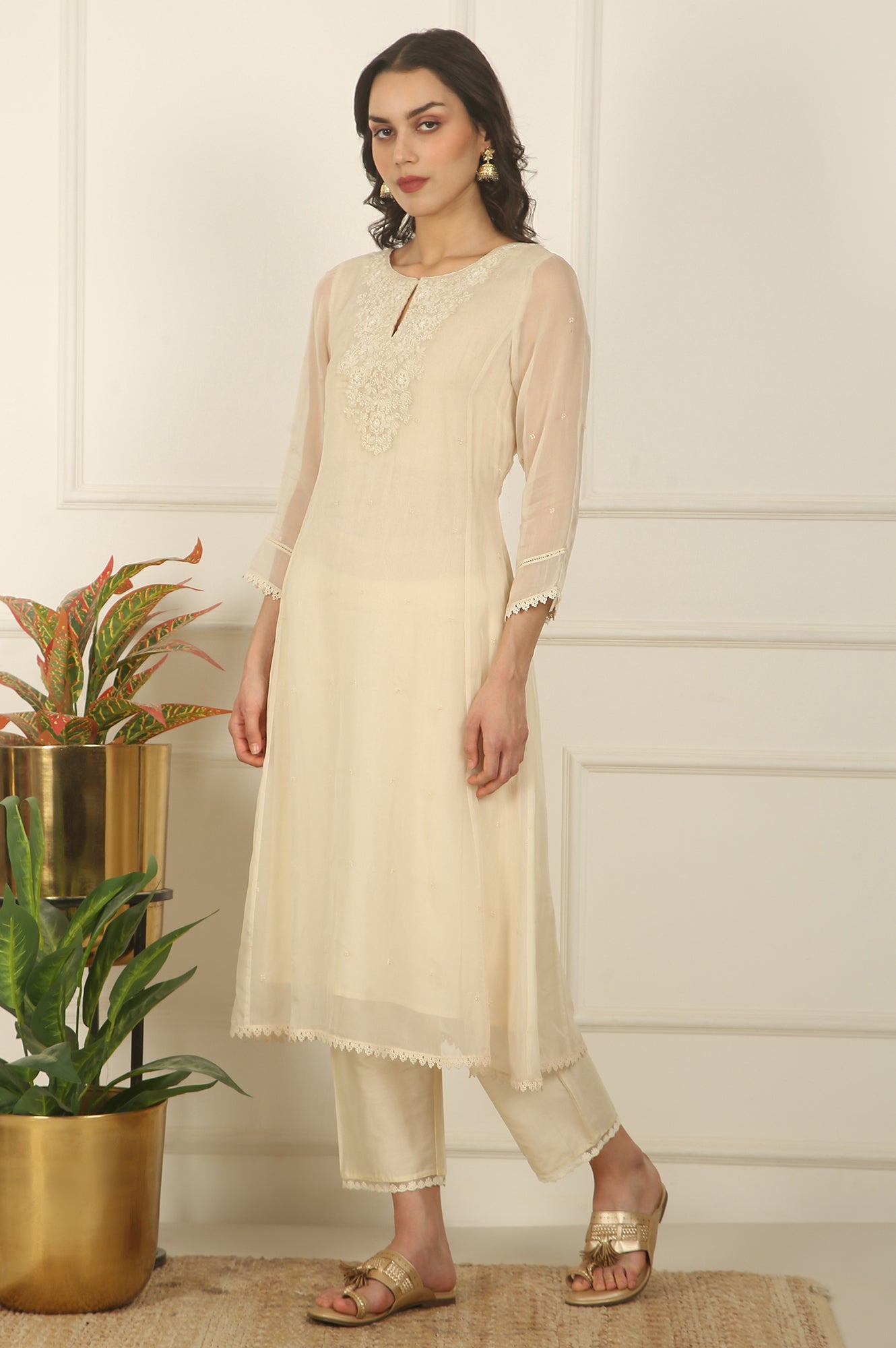 White Embroidered Organza Flared Kurta, Pants and Dupatta Set