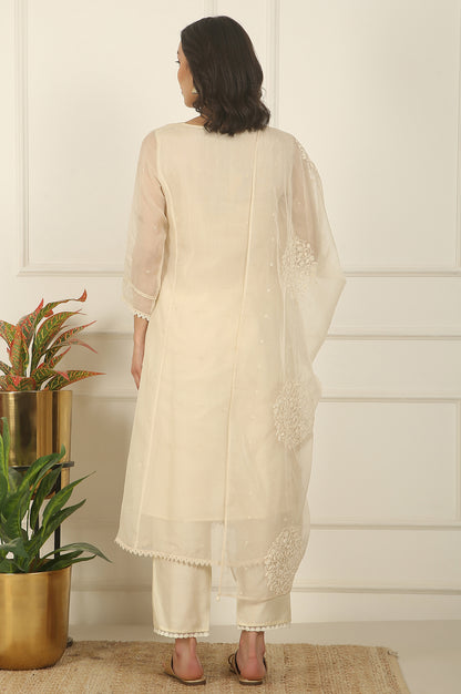 White Embroidered Organza Flared Kurta, Pants and Dupatta Set