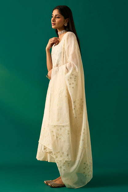 White Thread Embroidered Chanderi Sleeveless Flared Kurta, Churidar and Dupatta Set
