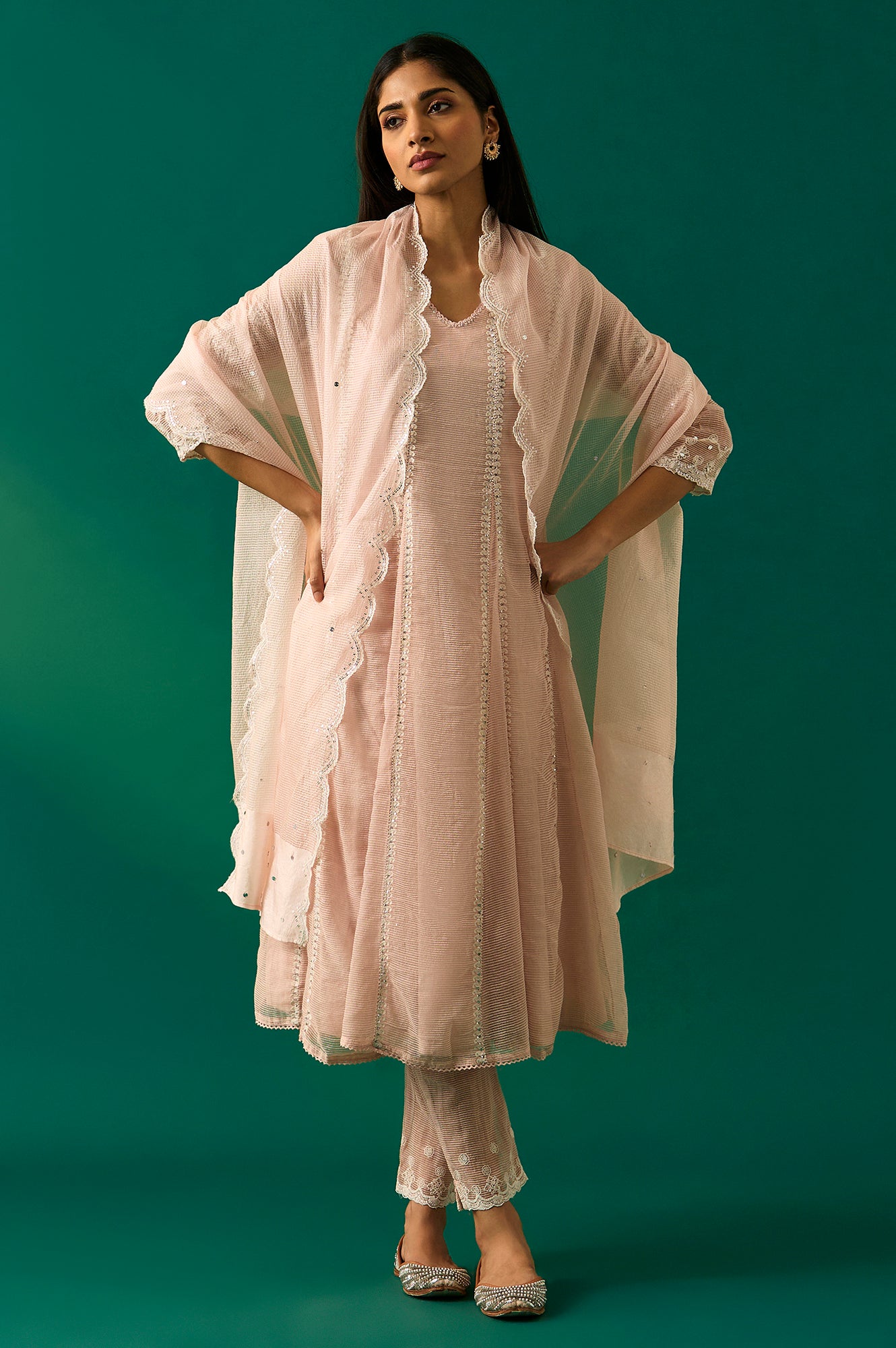 Pastel Pink Embroidered Festive Anarkali Kurta, Pants and Dupatta Set