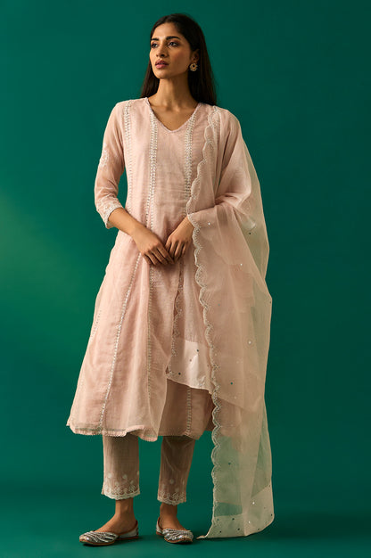 Pastel Pink Embroidered Festive Anarkali Kurta, Pants and Dupatta Set