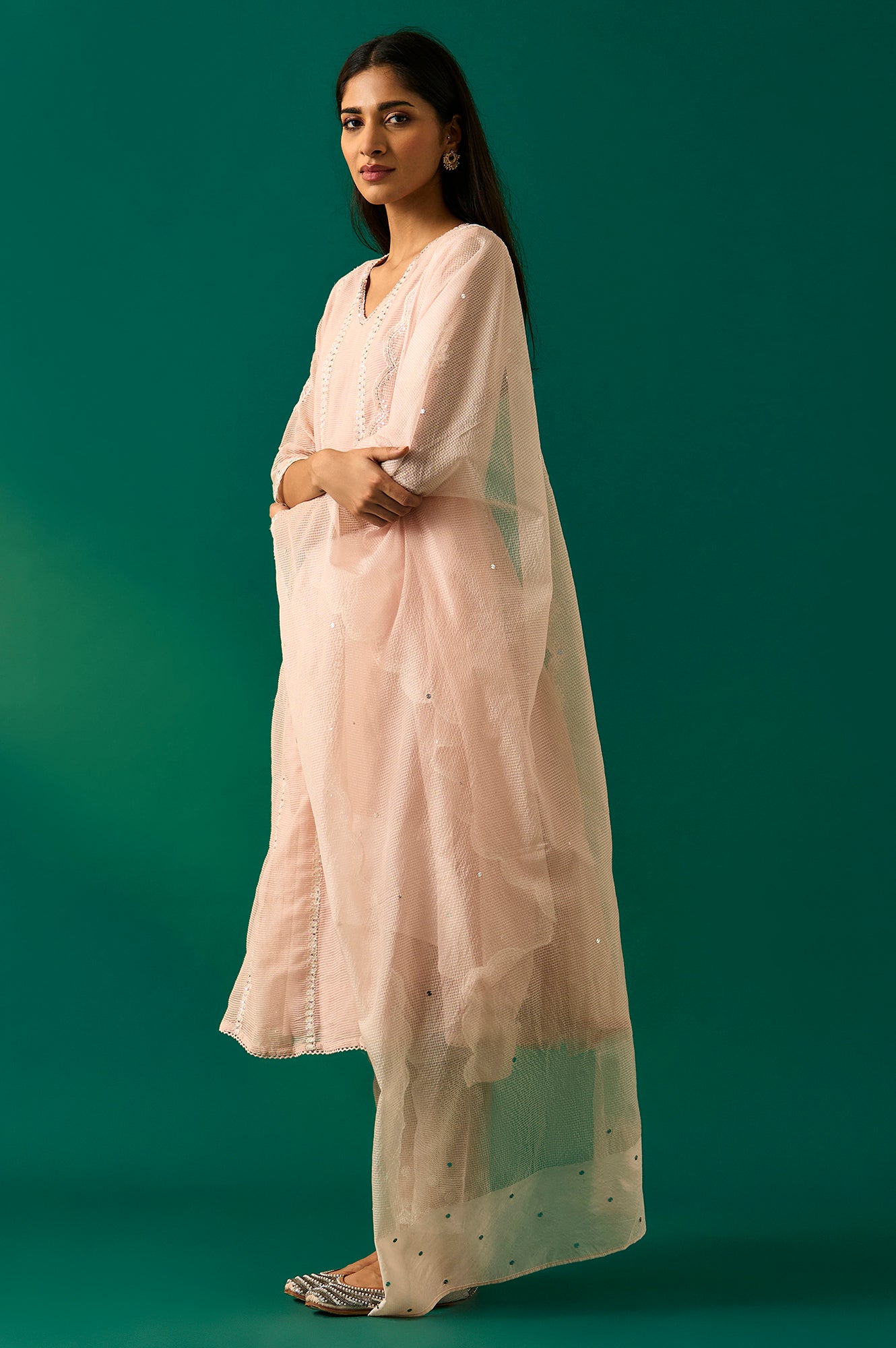 Pastel Pink Embroidered Festive Anarkali Kurta, Pants and Dupatta Set