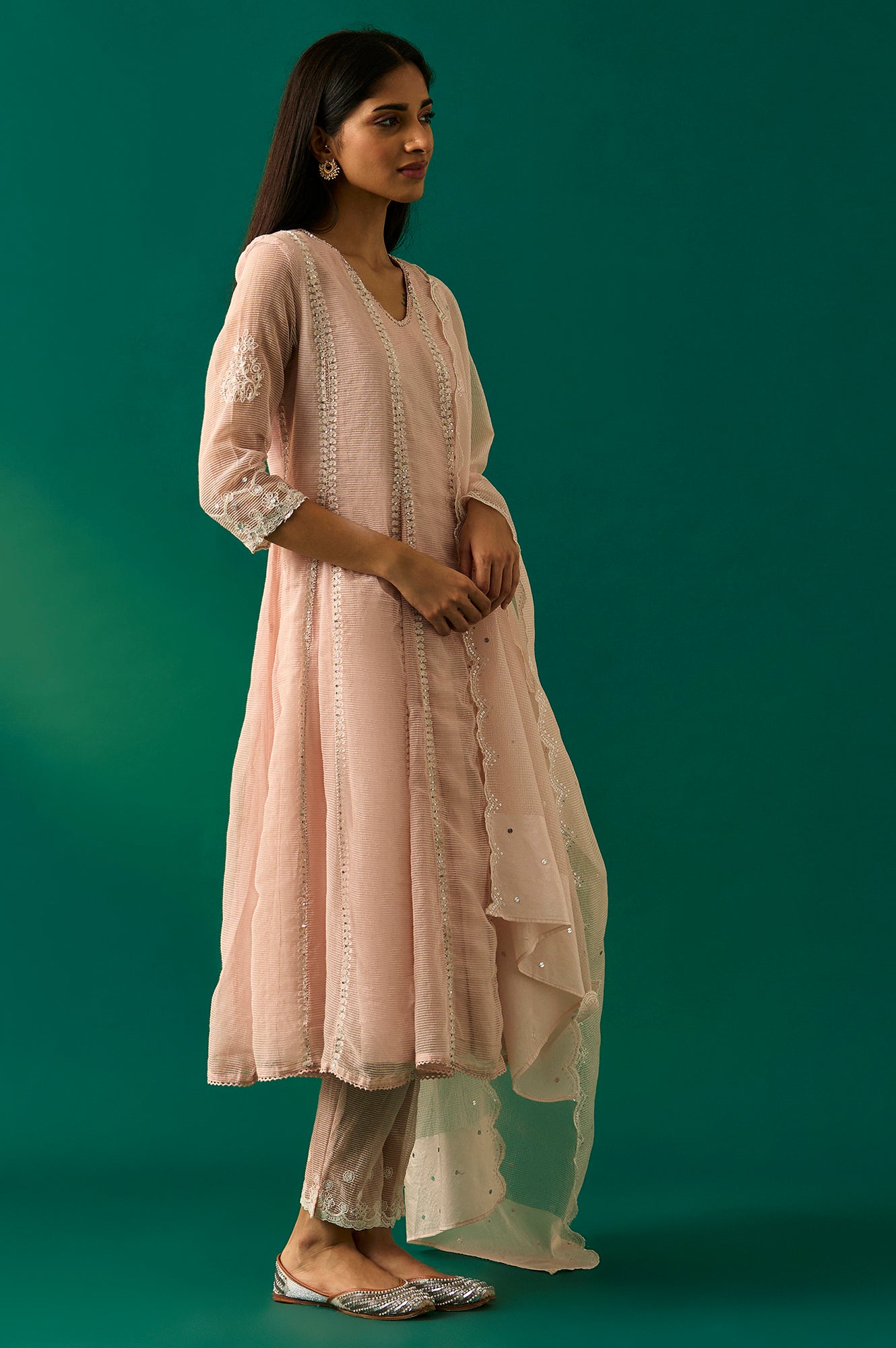 Pastel Pink Embroidered Festive Anarkali Kurta, Pants and Dupatta Set