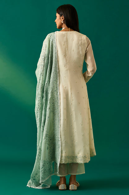 Off White Thread Embroidered Organza Flared Kurta, Pants and Dupatta Set