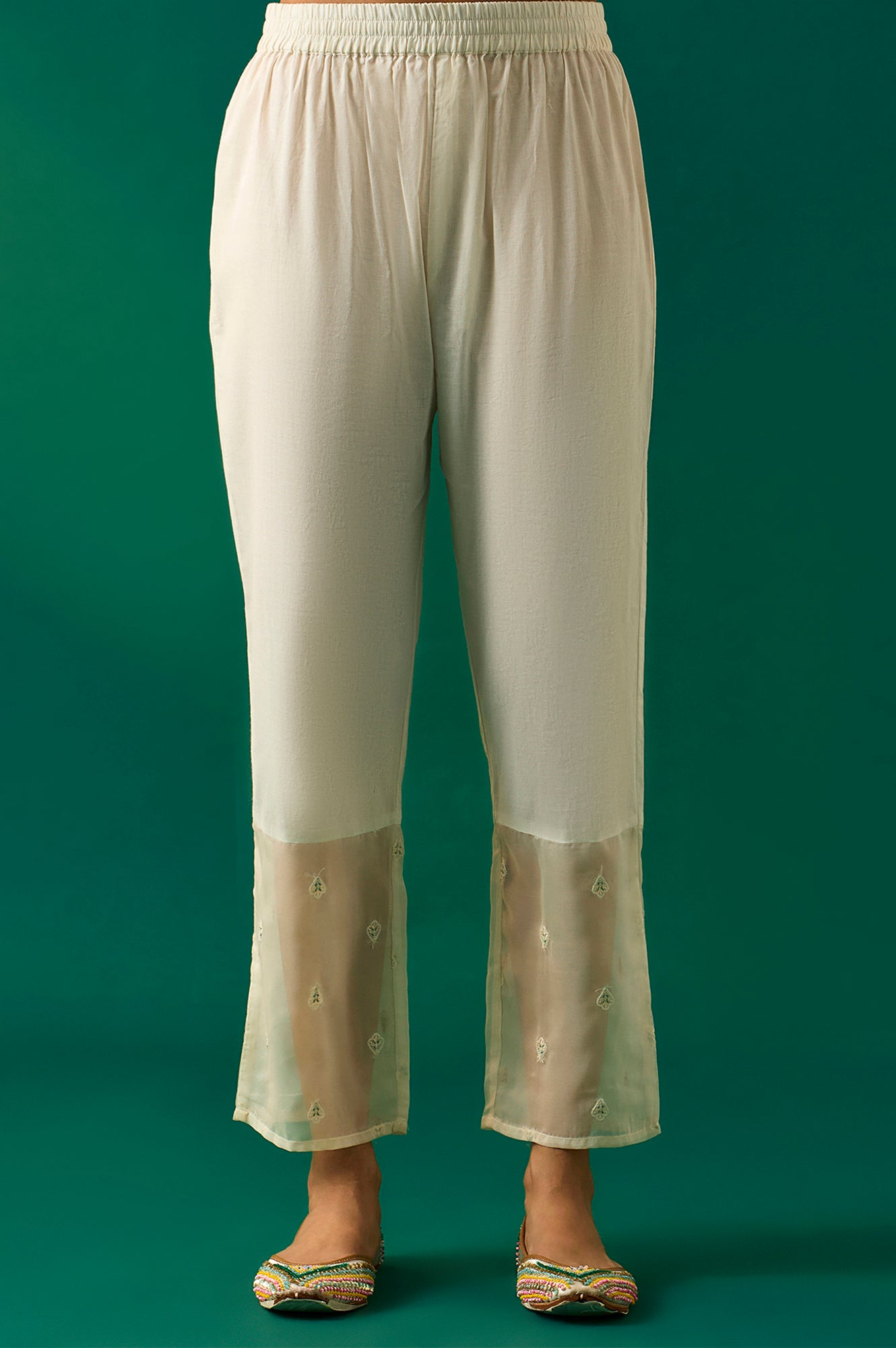 Off White Thread Embroidered Organza Flared Kurta, Pants and Dupatta Set