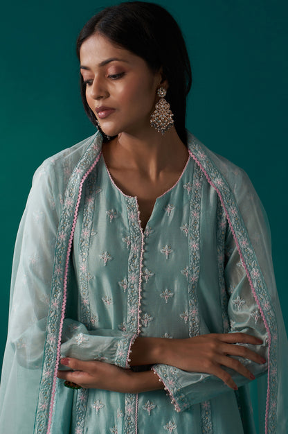 Aqua Mint Thread Embroidered Silk Chanderi Flared Kurta, Straight Pant and Dupatta Set