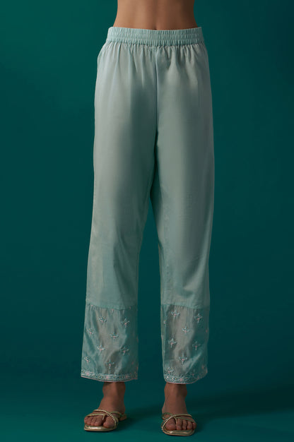 Aqua Mint Thread Embroidered Silk Chanderi Flared Kurta, Straight Pant and Dupatta Set