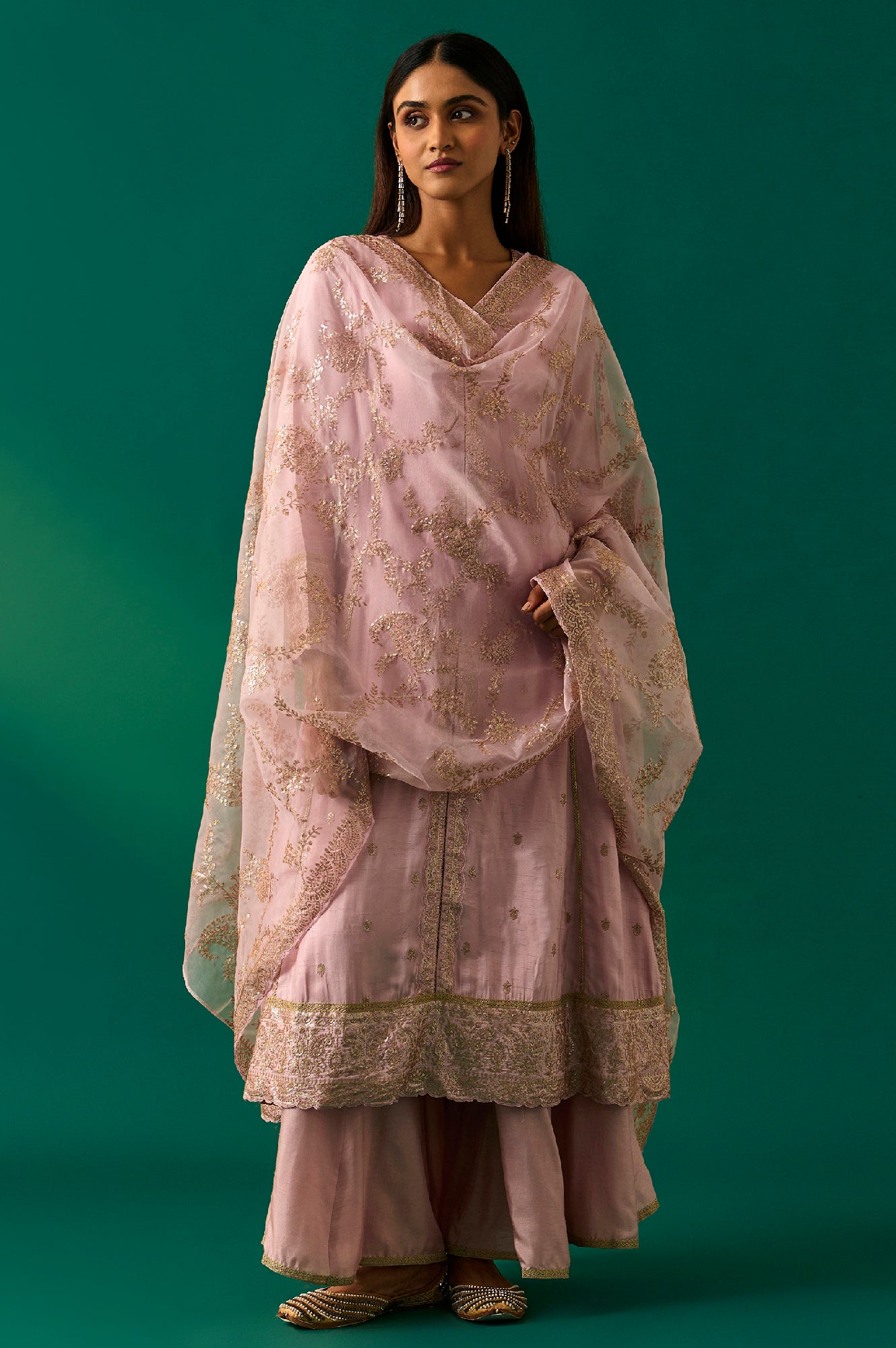 Lavendar Zari Embroidered Anarkali Kurta, Cullotes and Dupatta Set