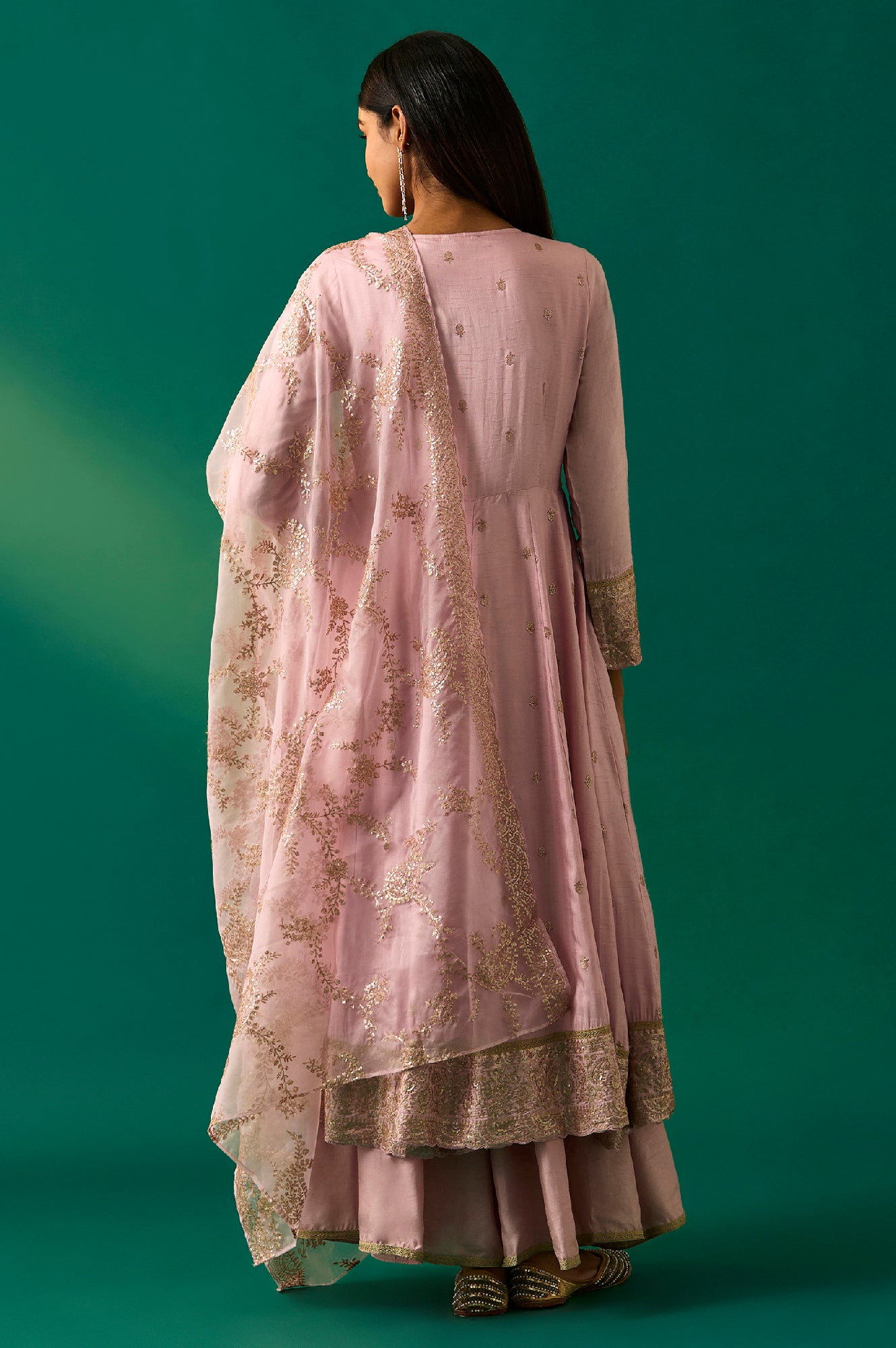 Lavendar Zari Embroidered Anarkali Kurta, Cullotes and Dupatta Set
