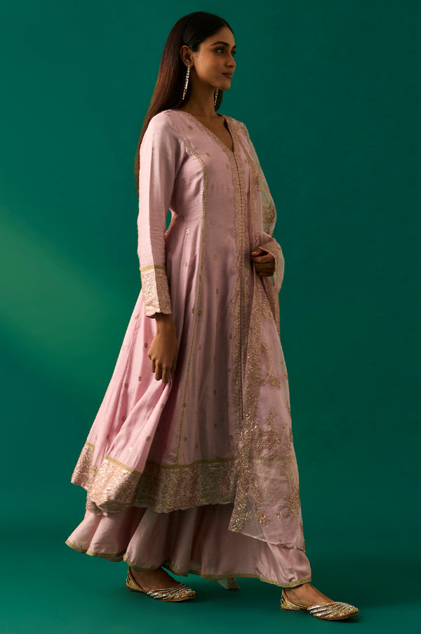 Lavendar Zari Embroidered Anarkali Kurta, Cullotes and Dupatta Set