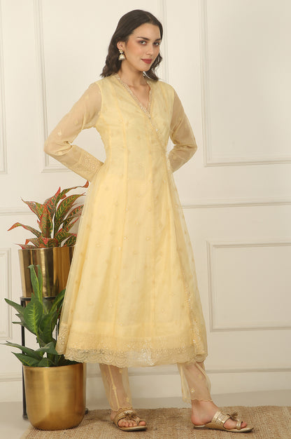 Yellow Embroidered Organza Angarakha Kurta, Pants and Dupatta Set