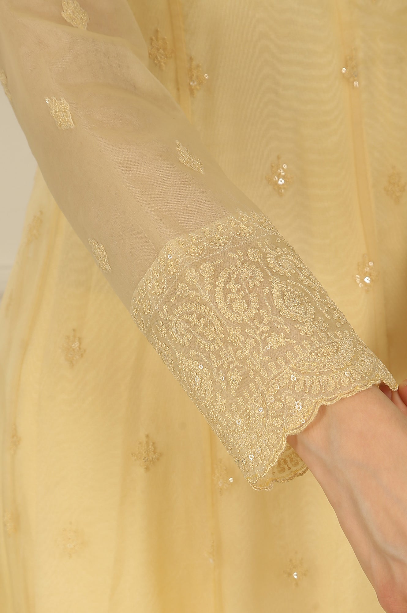 Yellow Embroidered Organza Angarakha Kurta, Pants and Dupatta Set