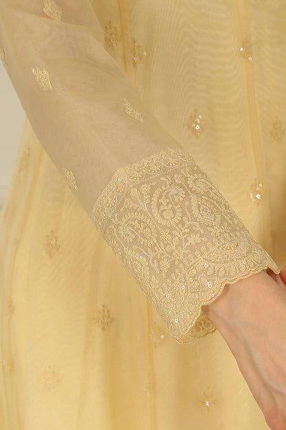 Yellow Embroidered Organza Angarakha Kurta, Pants and Dupatta Set