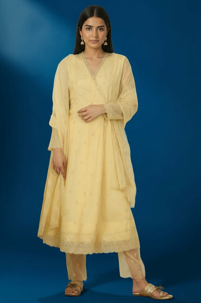 Yellow Embroidered Organza Angarakha Kurta, Pants and Dupatta Set