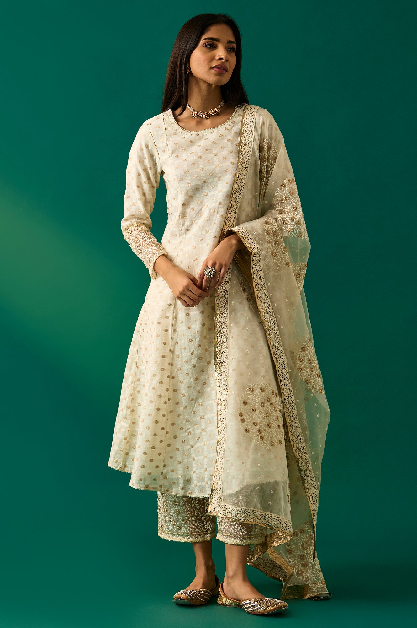 White Heavy Embroidered Anarkali Kurta, Pants and Dupatta Set