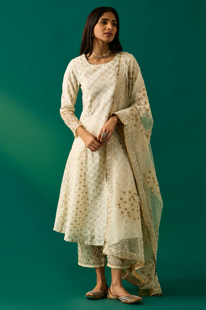 White Heavy Embroidered Anarkali Kurta, Pants and Dupatta Set