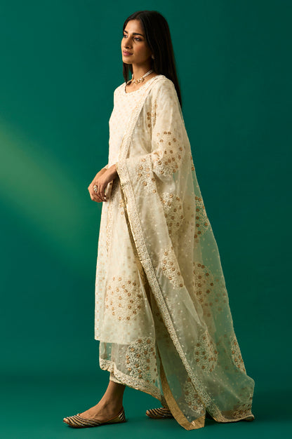 White Heavy Embroidered Anarkali Kurta, Pants and Dupatta Set