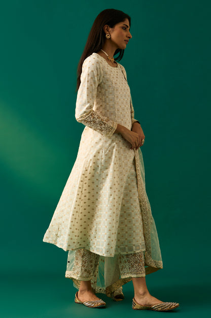 White Heavy Embroidered Anarkali Kurta, Pants and Dupatta Set