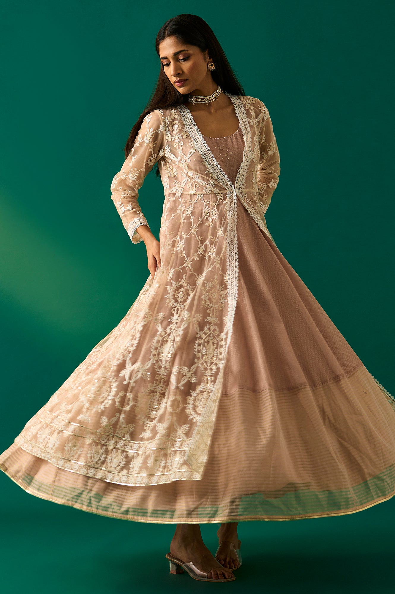 Old Rose Sequin Embroidered Mesh Jacket and Dress Set XS