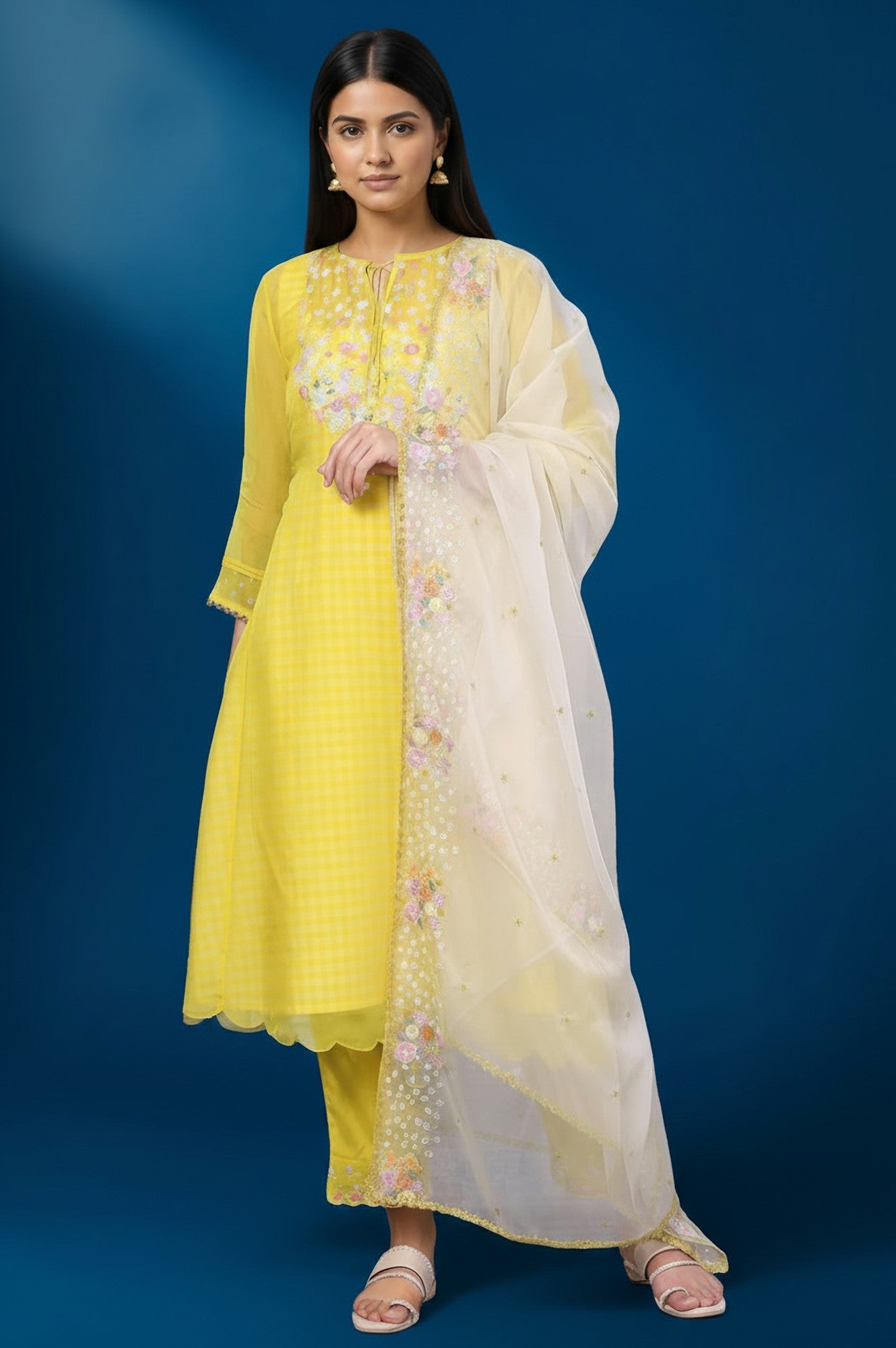 Yellow Embroidered A-line Organza Festive Kurta, Pants and Dupatta Set