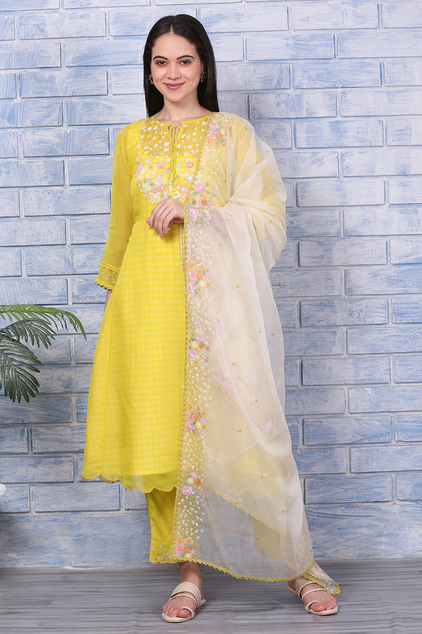 Yellow Embroidered A-line Organza Festive Kurta, Pants and Dupatta Set