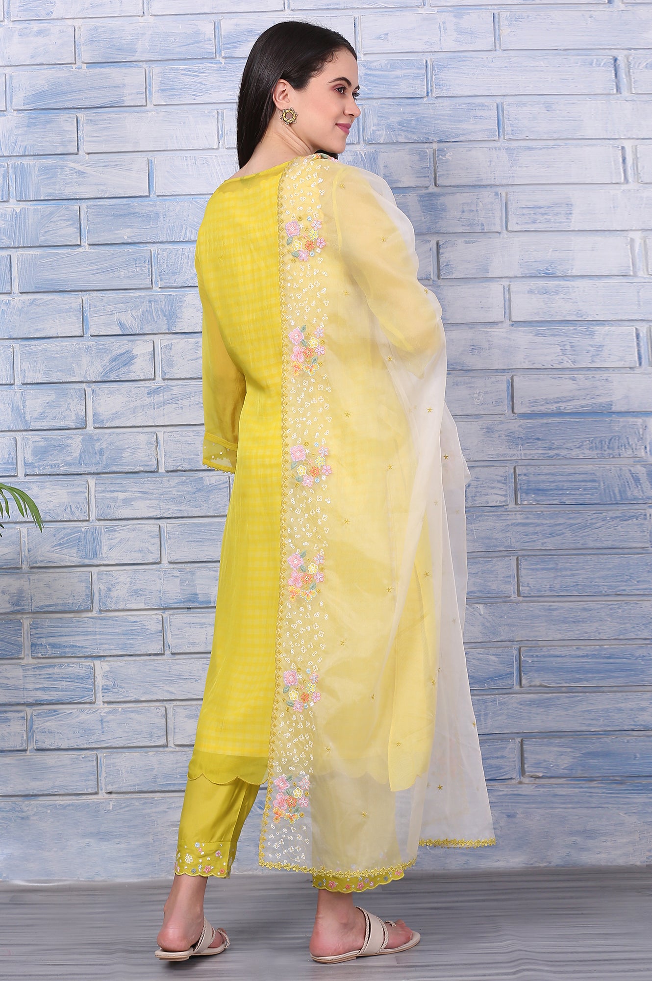 Yellow Embroidered A-line Organza Festive Kurta, Pants and Dupatta Set