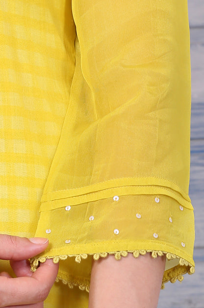 Yellow Embroidered A-line Organza Festive Kurta, Pants and Dupatta Set