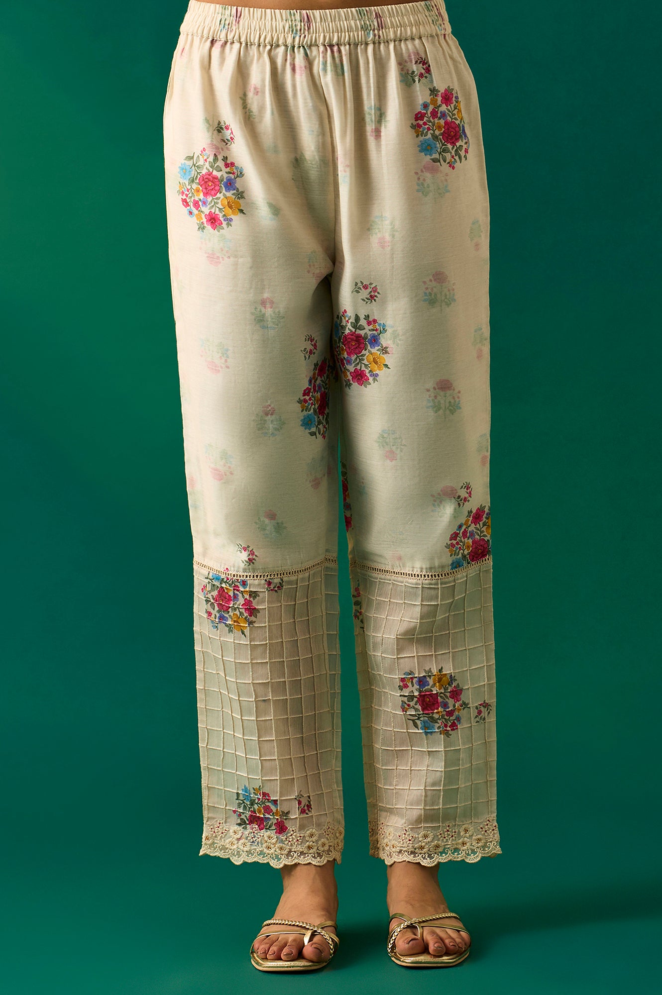 White Floral Printed Mock Layered Chanderi Kurta, Pants and Dupatta Set