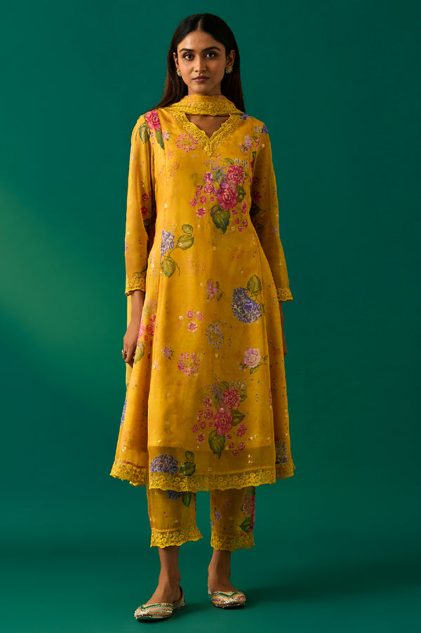 Yellow Floral Printed Organza Flared Kurta, Pants and Dupatta Set